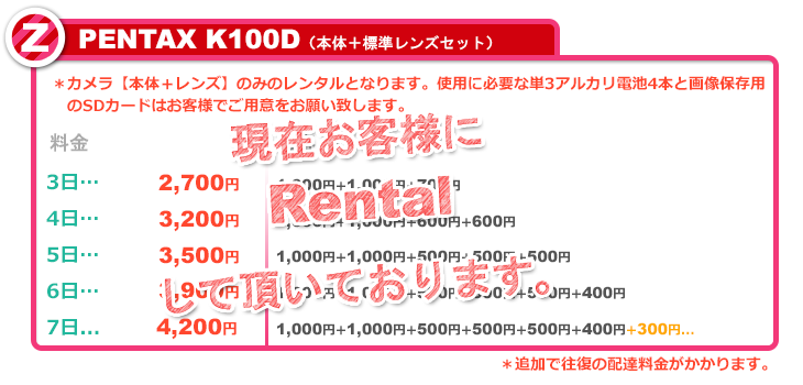 PENTAX K100Dレンタル料金表
